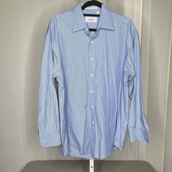 Valentino Button Up Dress Shirt Striped Blue and White Egyptian Cotton 16.5 - Picture 1 of 6